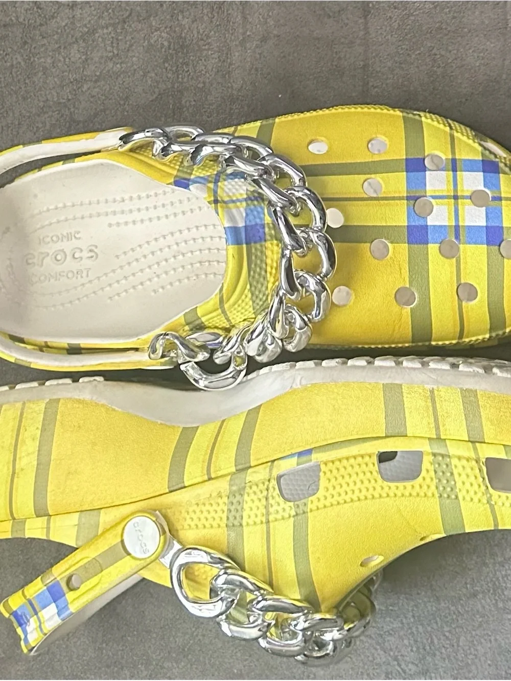 CROCS Yellow Plaid Clogs with Silver Chain Accent